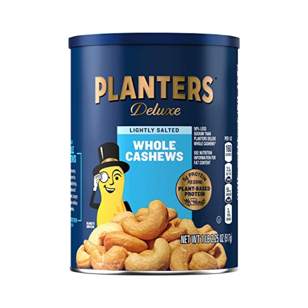 PLANTERS Deluxe Lightly Salted Whole Cashews, 1.14 Pound (Pack of 1) Resealable Canister - Lightly Salted Cashews & Nuts - Nutrient Dense Snacks for Adults & Kids - Vegan Snacks, Kosher